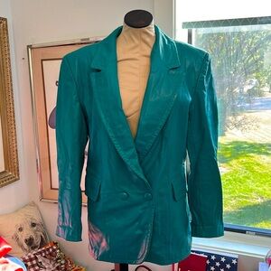 Vintage 80’s double breasted teal leather jacket . Size Large